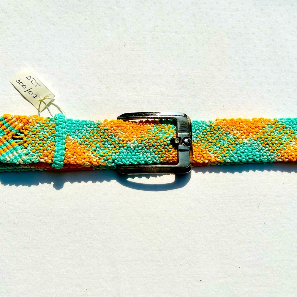 Macrame Belt Aqua Orange Silver Tone Buckle Handcrafted
